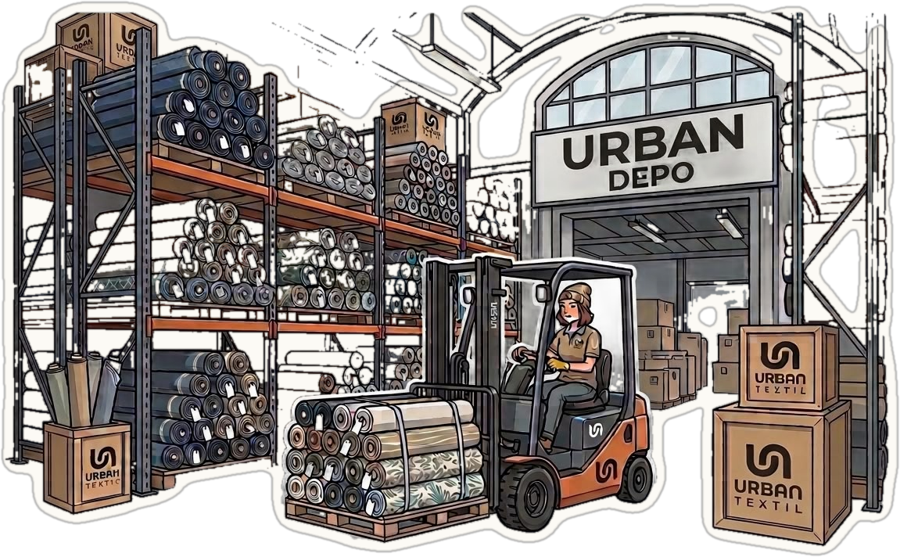 Sticker: depósito Urban Textil con autoelevador y rollos de tela